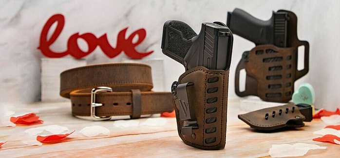 an image with mens toys, leather cases, and love written in the background.