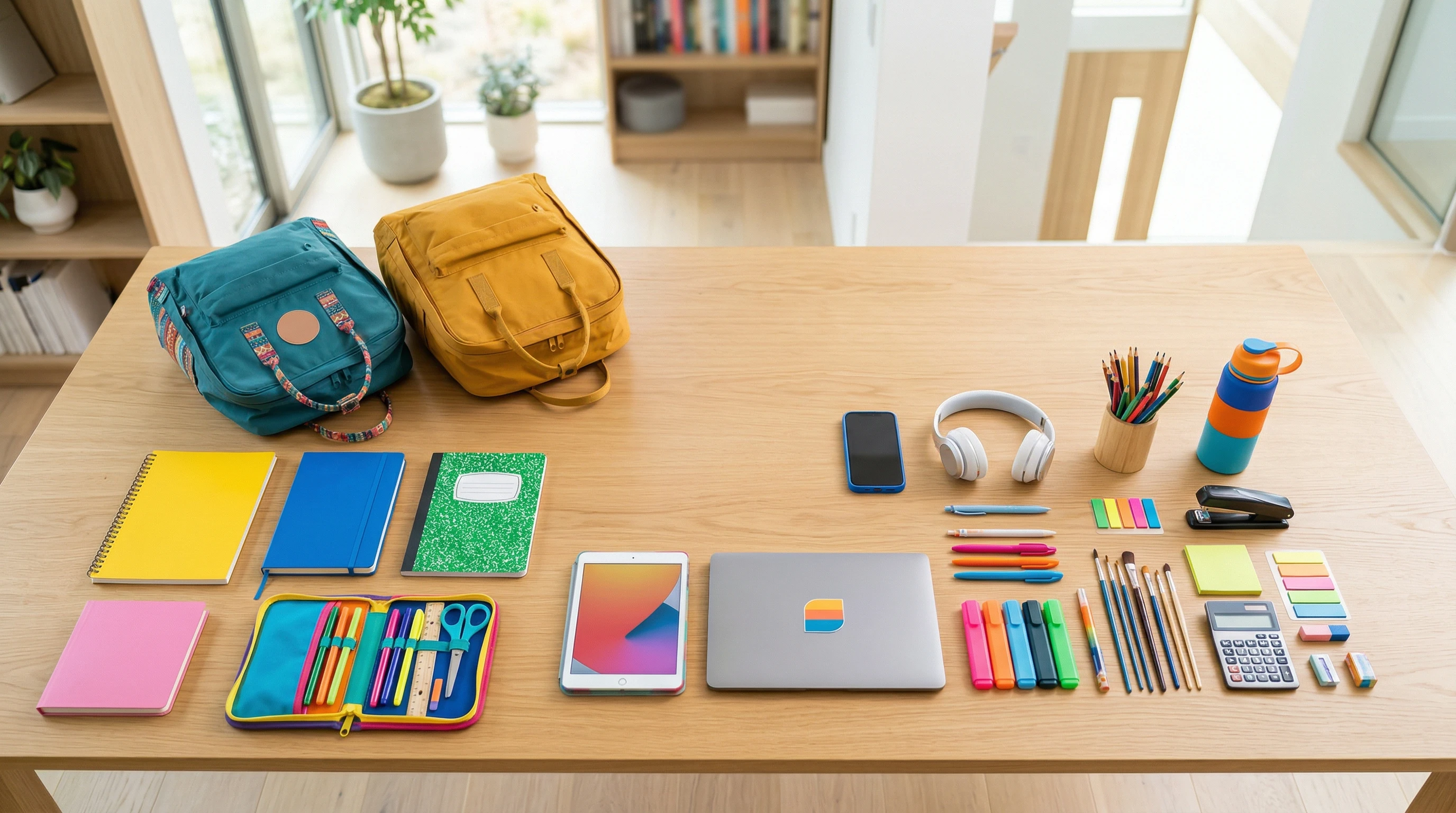 A bright and organized collection of school supplies, backpacks, notebooks, and gadgets on a table.