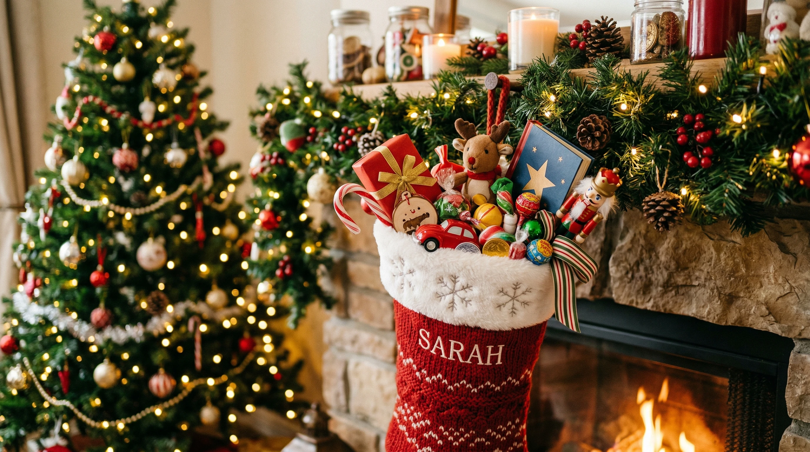 A cozy festive stocking bursting with small gifts, candies, and colorful items in a holiday setting.