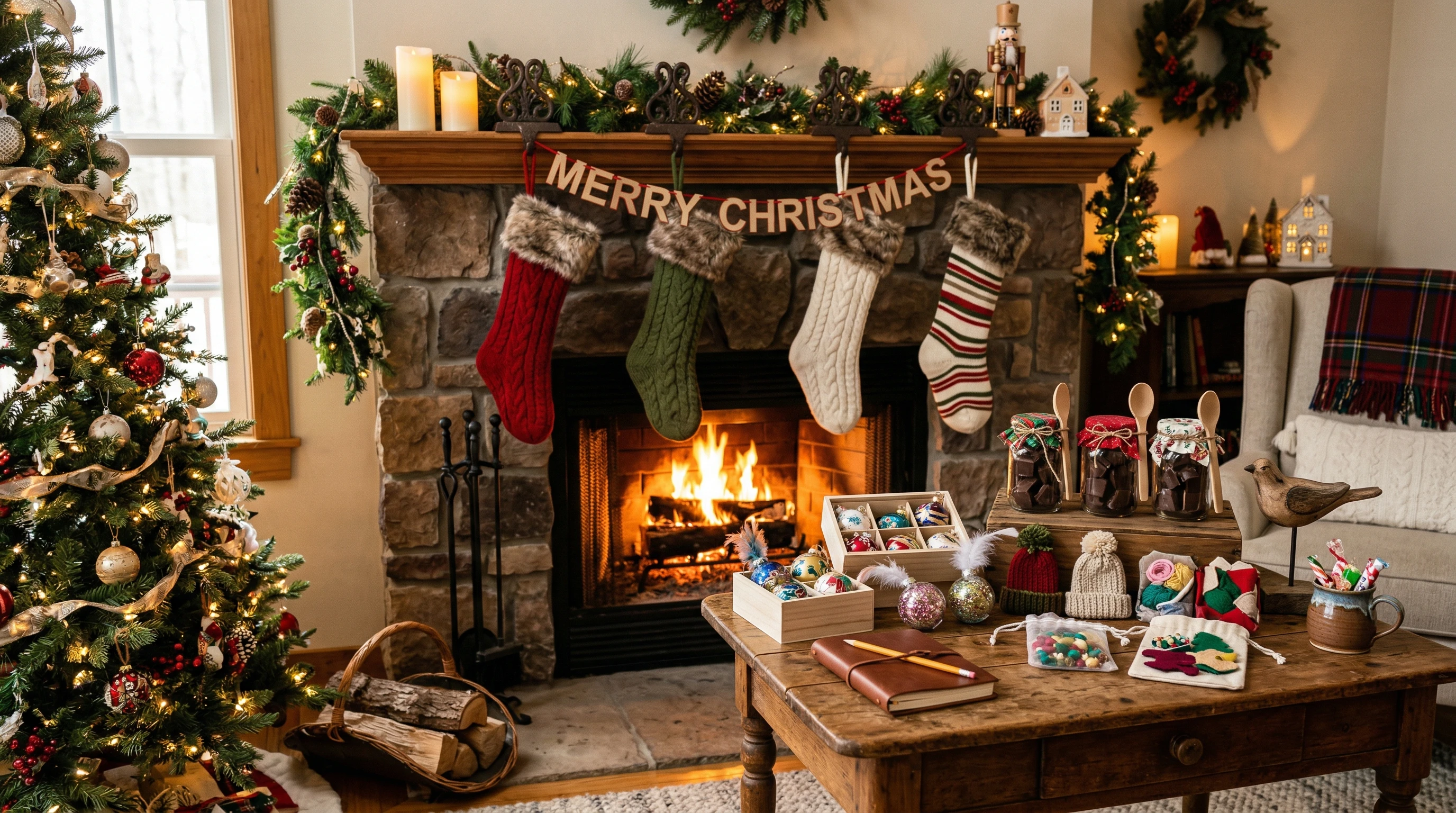 A festive holiday scene featuring a fireplace, handmade stocking stuffers, and stockings hung with care