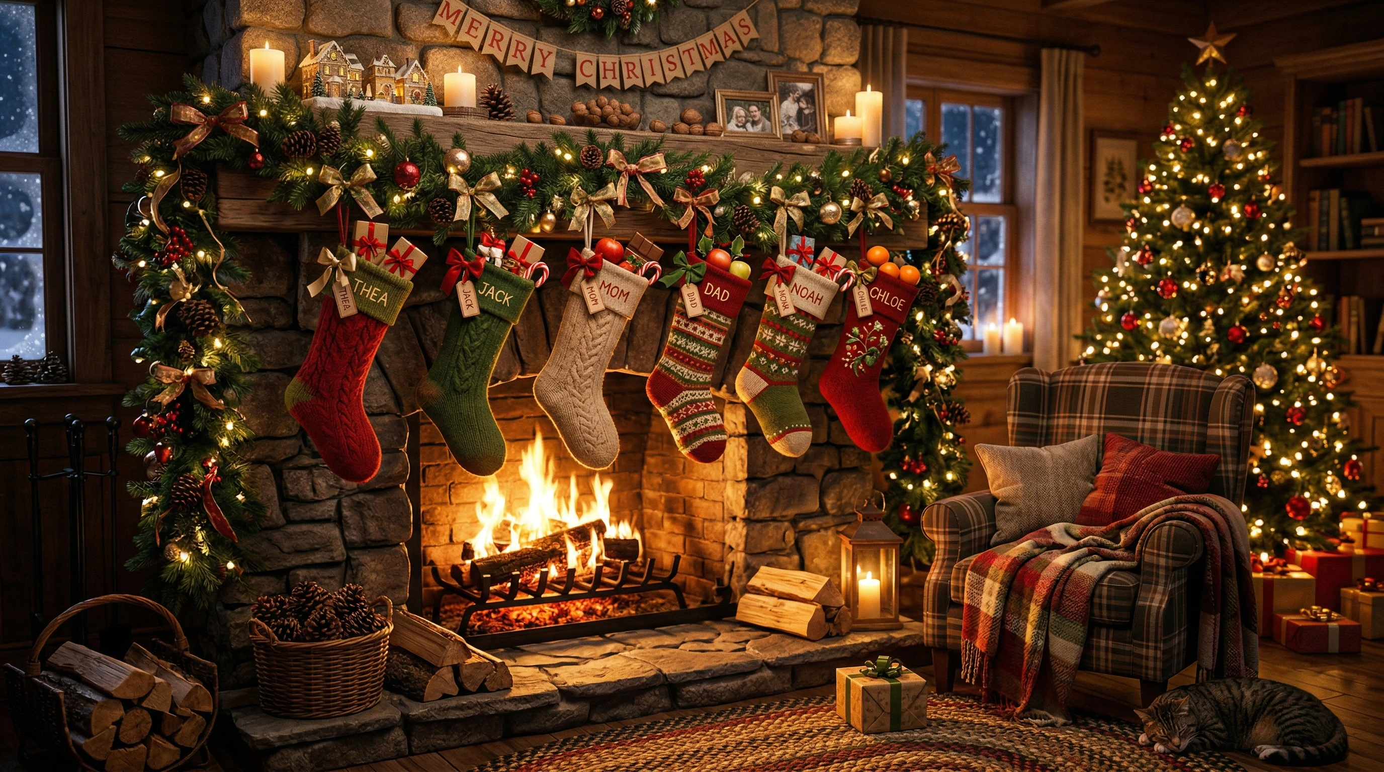 A festive overflowing Christmas stocking hanging from a fireplace, filled with small wrapped gifts, candy canes, and fruit.