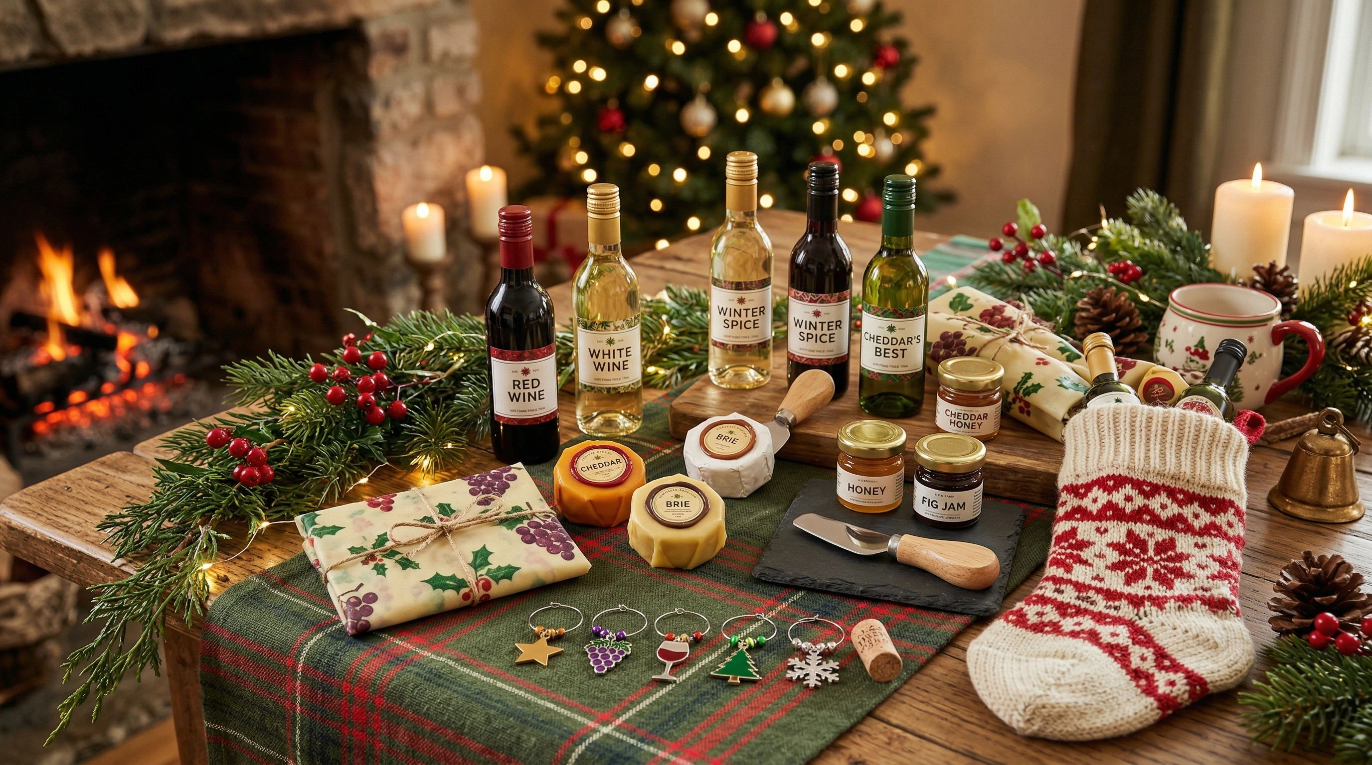 A holiday-themed assortment of wine and cheese accessories, mini bottles, and snacks.