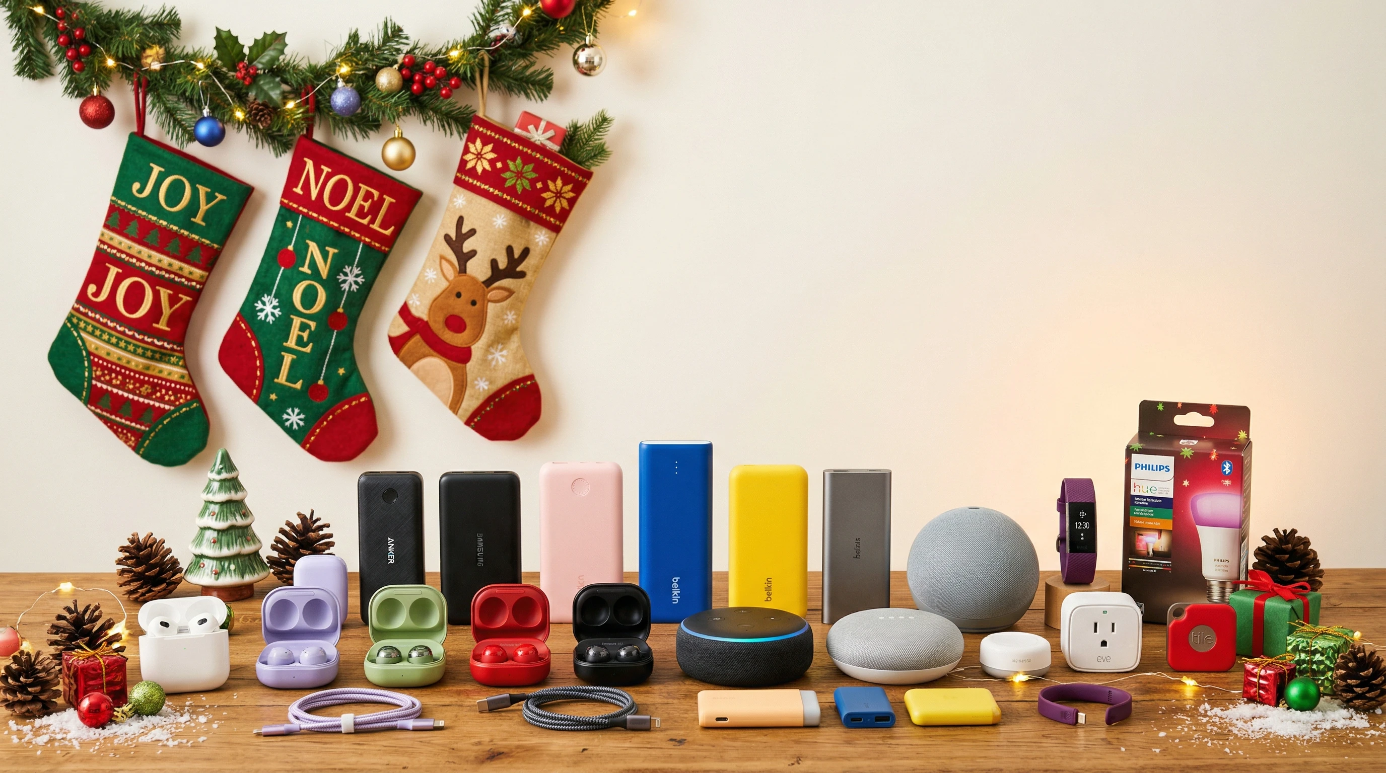 Small Tech Gadgets arranged in a festive holiday setting
